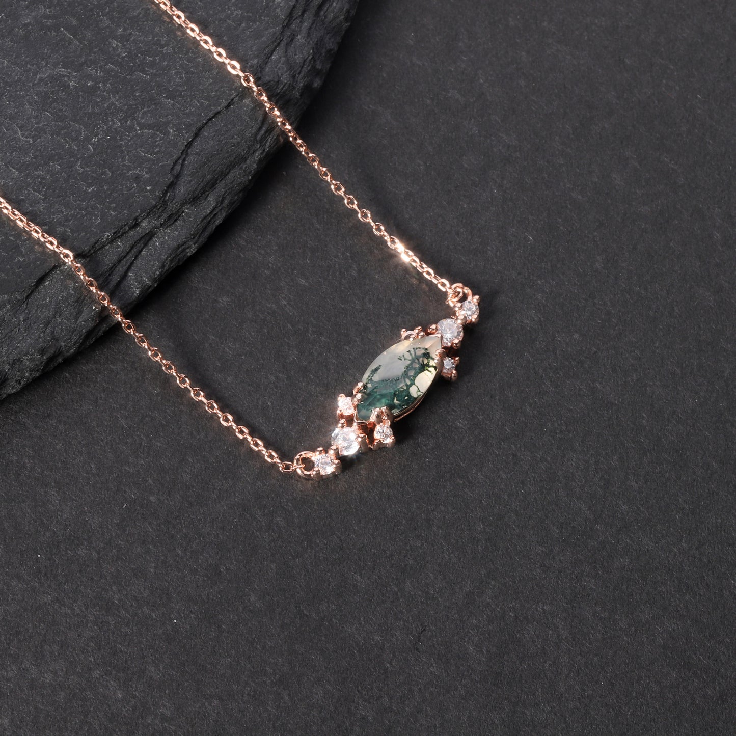 1.5ct Cluster Vintage Marquise Cut Moss Agate Necklace