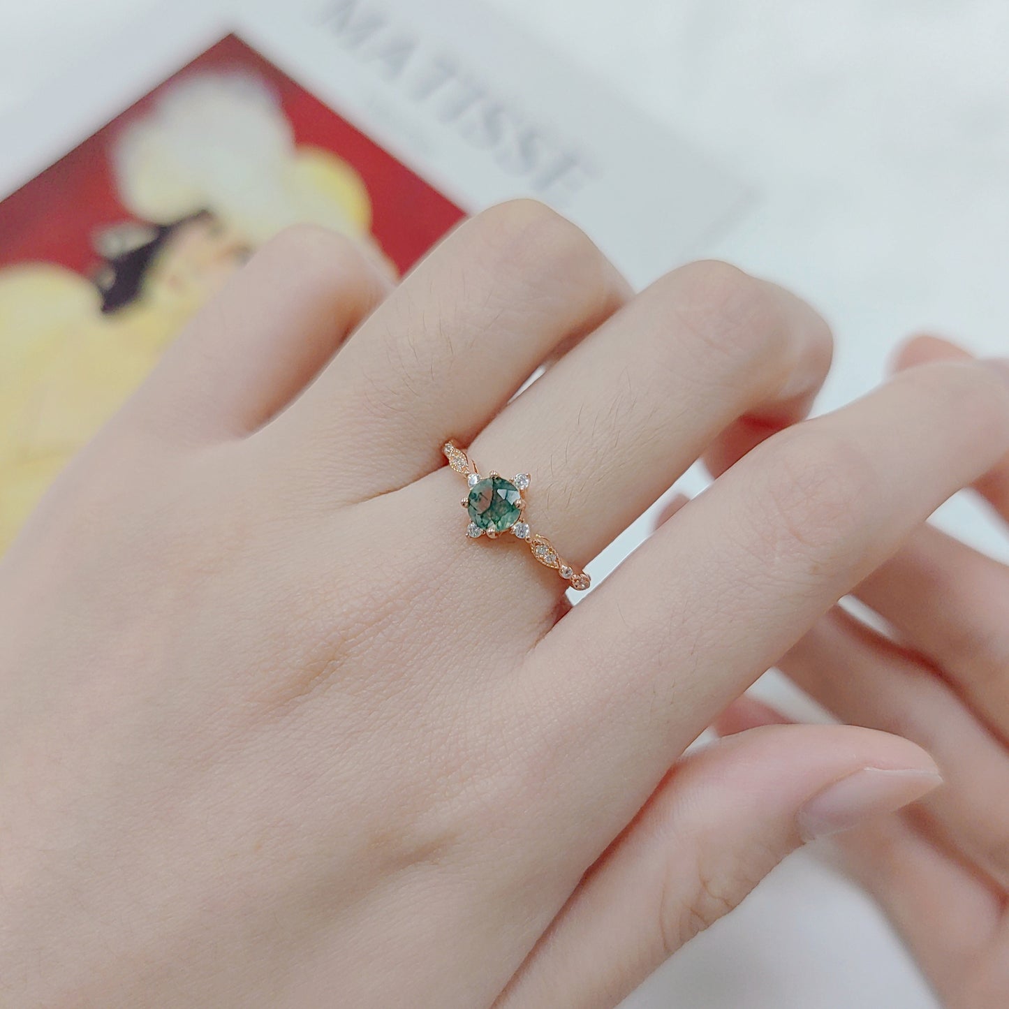 Round Vintage Moss Agate Engagement Ring