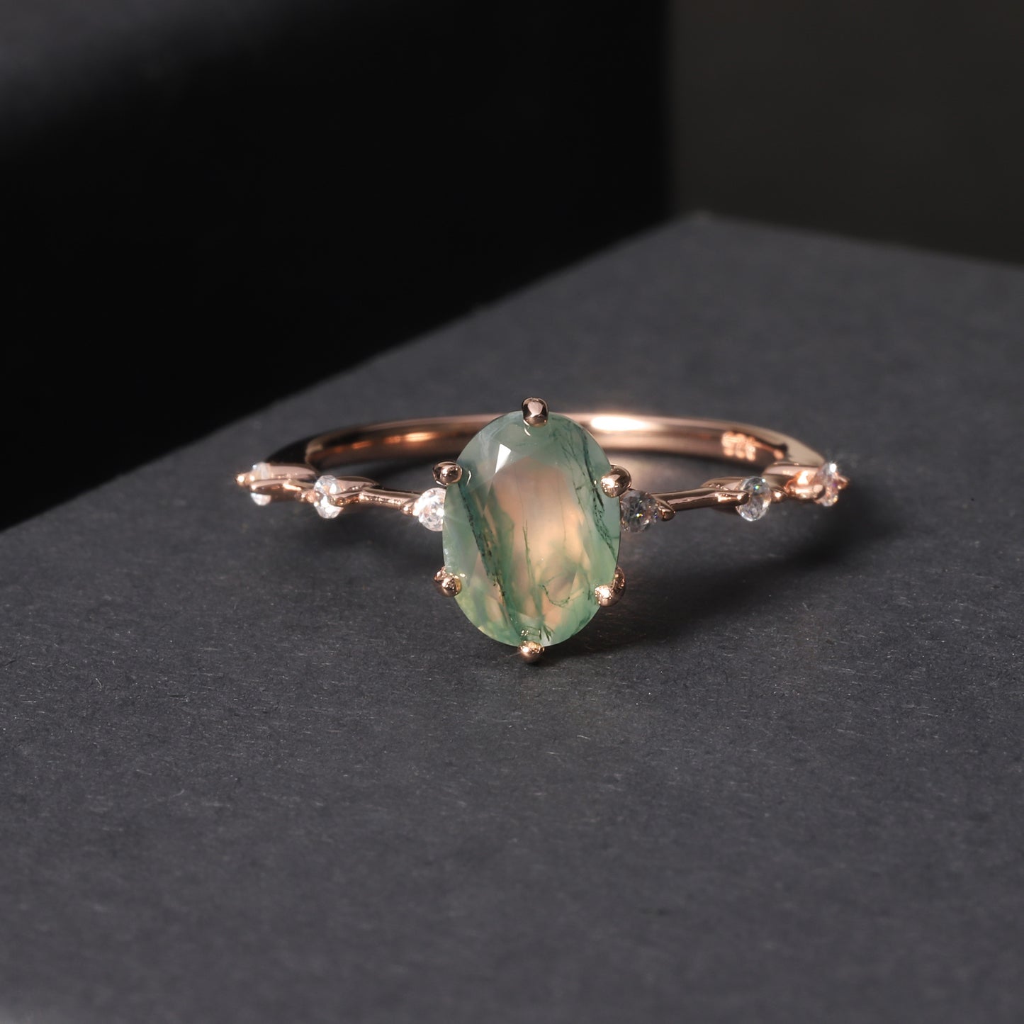 Oval Moss Agate Classic Engagement Ring
