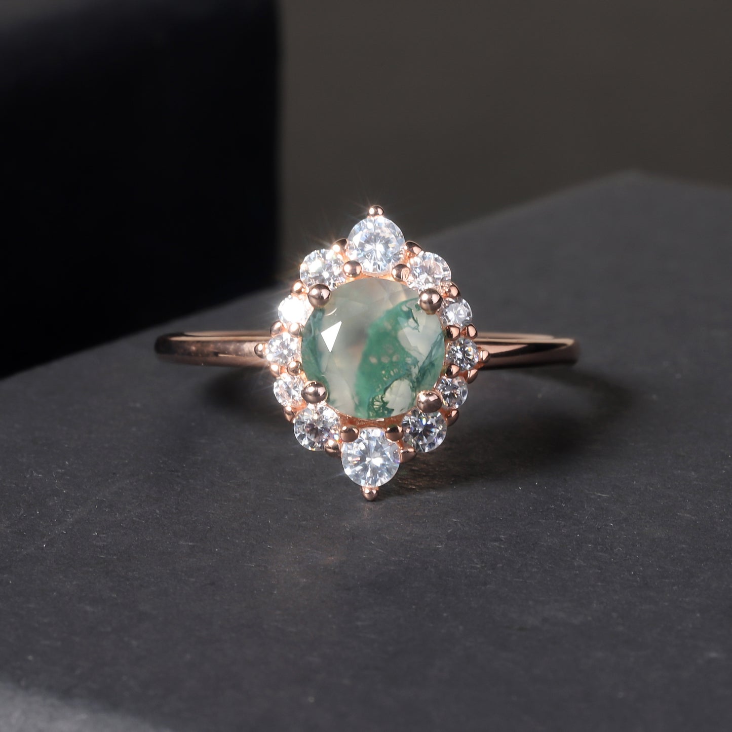 Halo Round Vintage Moss Agate Engagement Ring