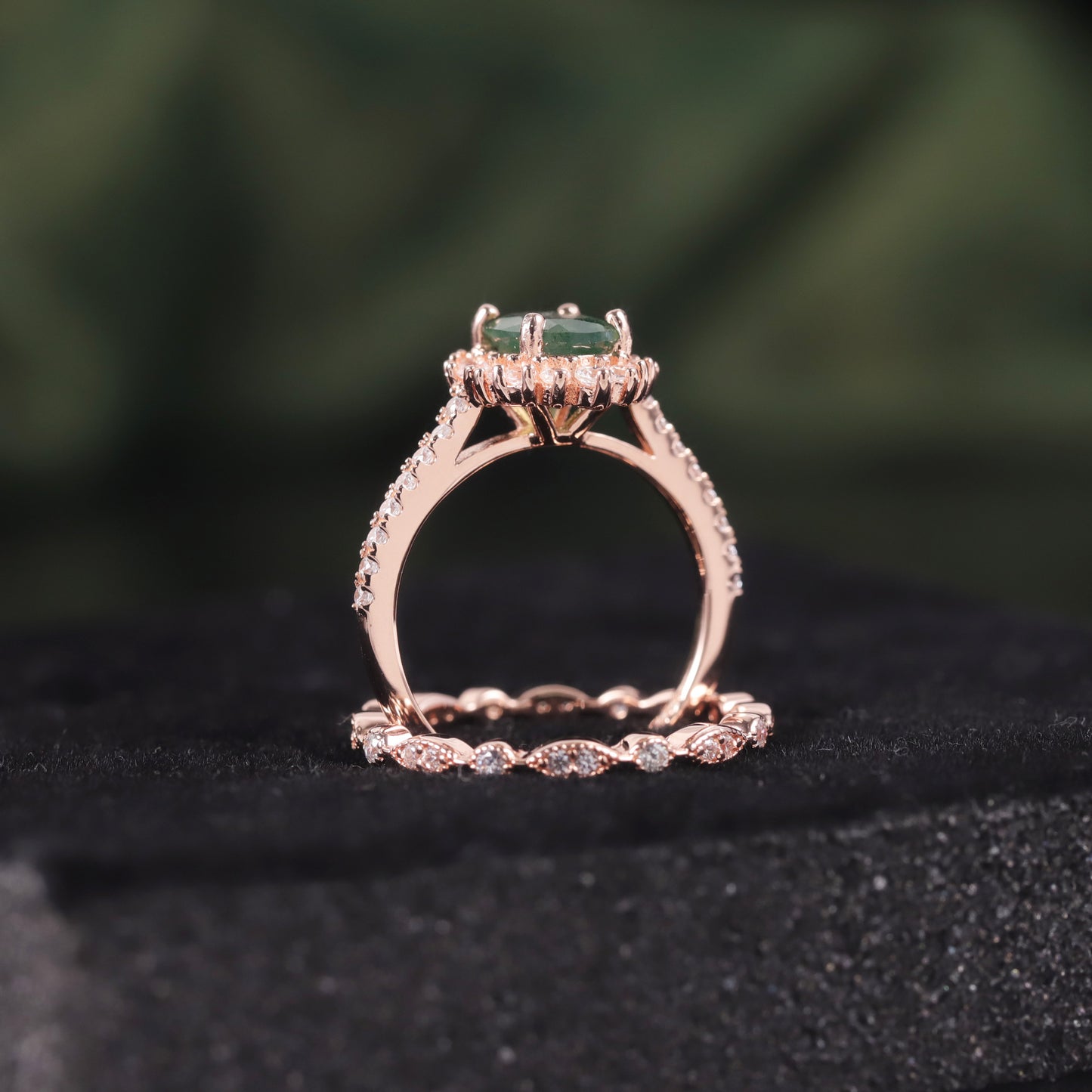 Halo Oval Moss Agate Vintage Engagement Ring Set 2pcs