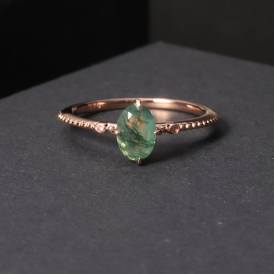 Oval Shaped Moss Agate Vintage Solitaire Ring