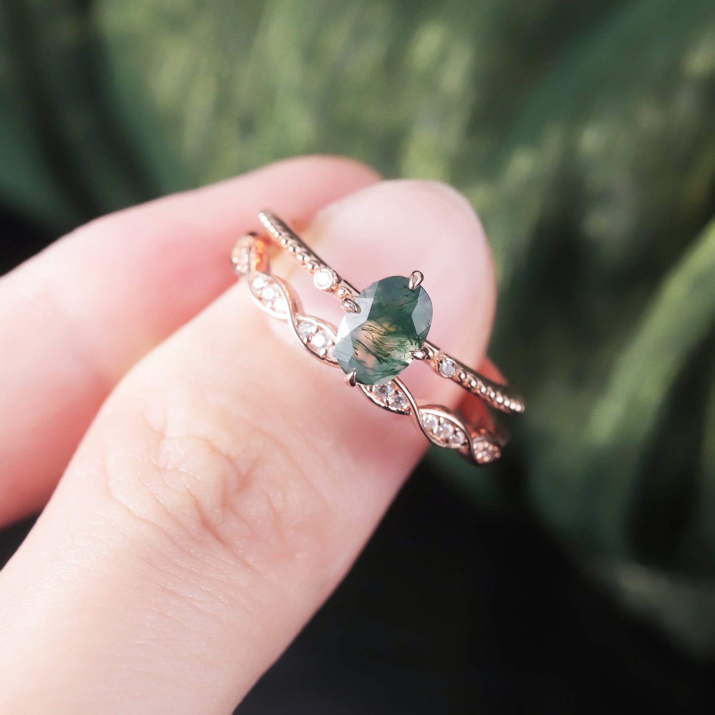 Oval Moss Agate Engagement Ring Sets 2pcs