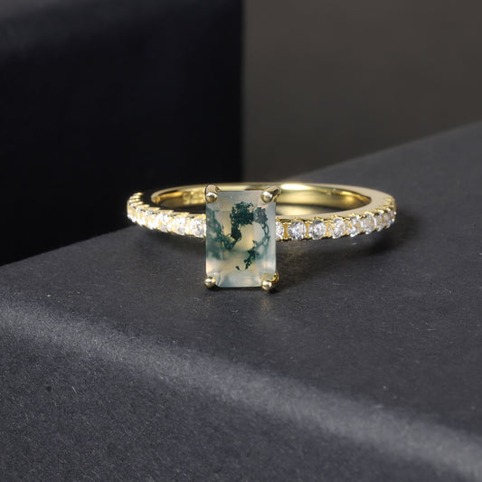 Emerald Cut Classic Moss Agate Engagement Ring