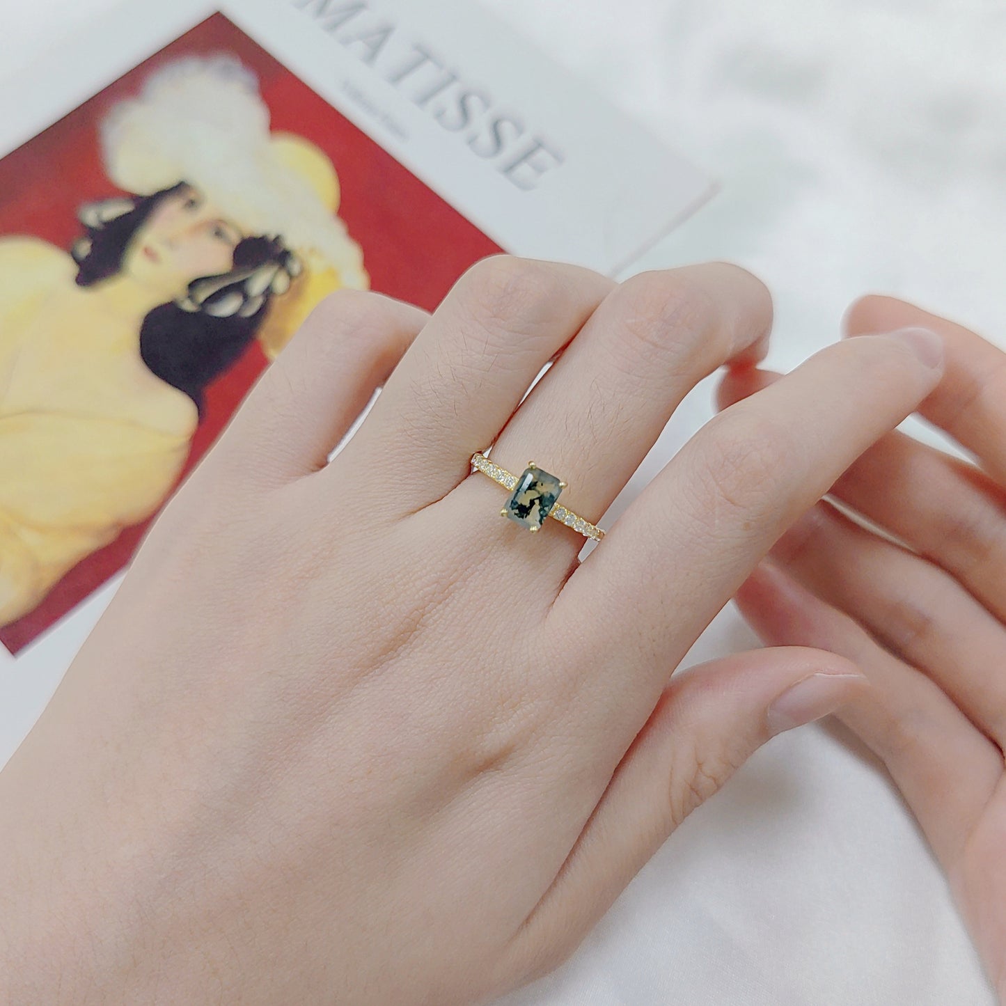 Emerald Cut Classic Moss Agate Engagement Ring