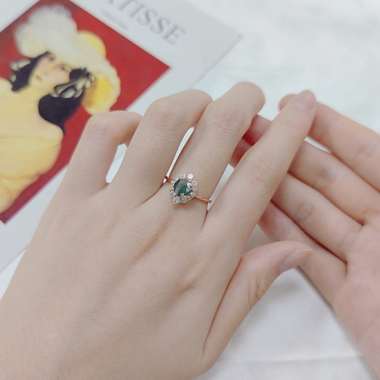 Halo Round Vintage Moss Agate Engagement Ring