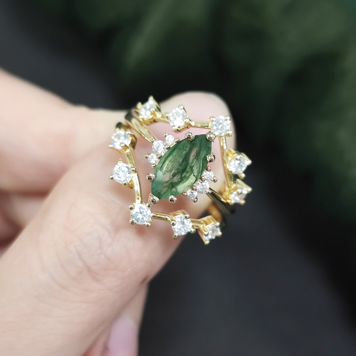 Marquise Cut Moss Agate Cluster Vintage Ring