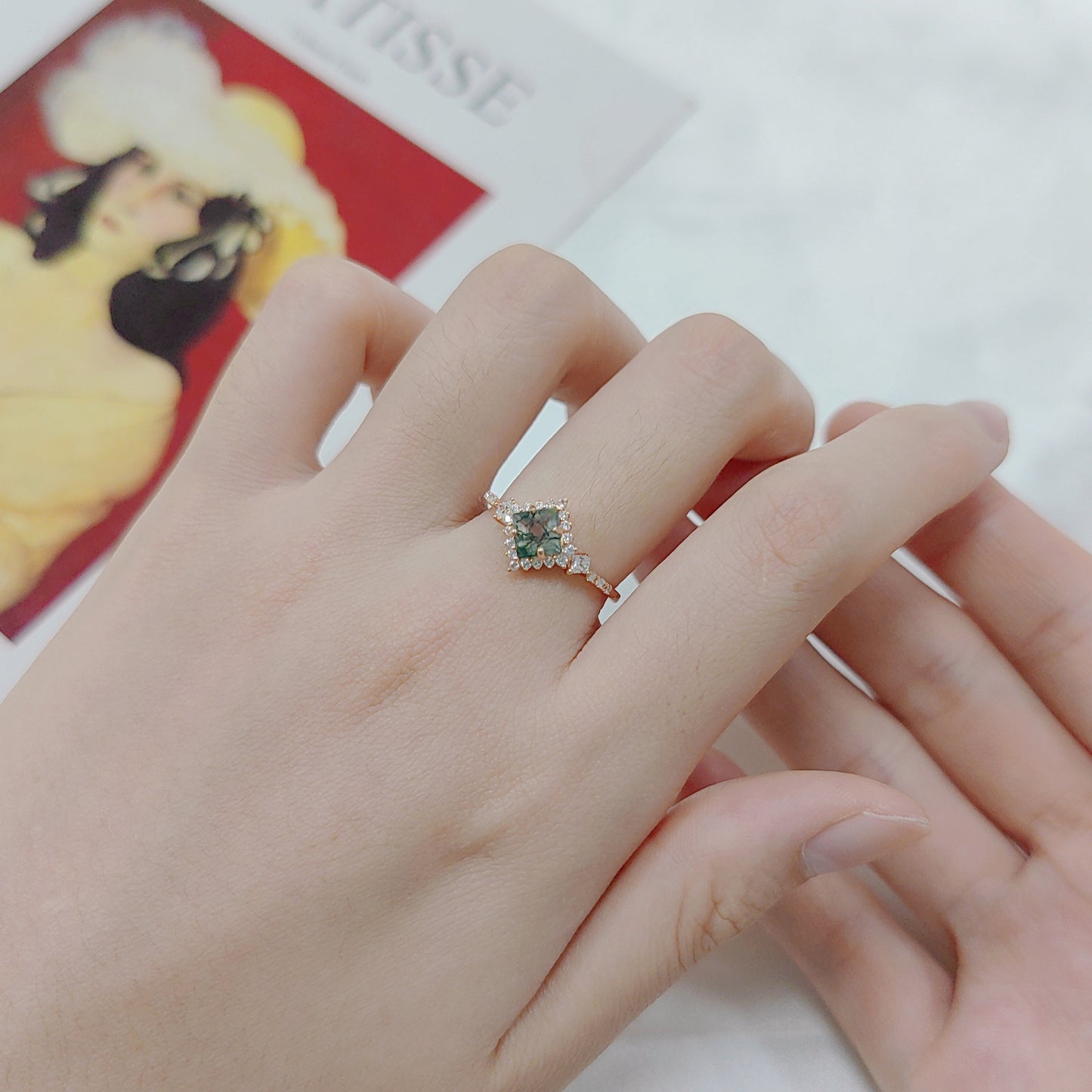 Princess Cut Vintage Moss Agate Halo Engagement Ring