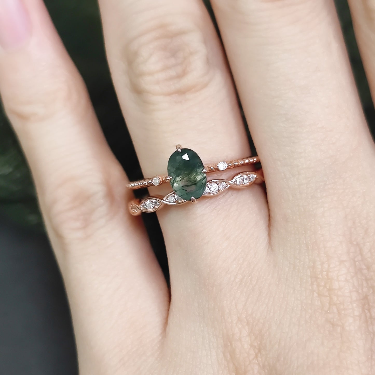Oval Moss Agate Engagement Ring Sets 2pcs