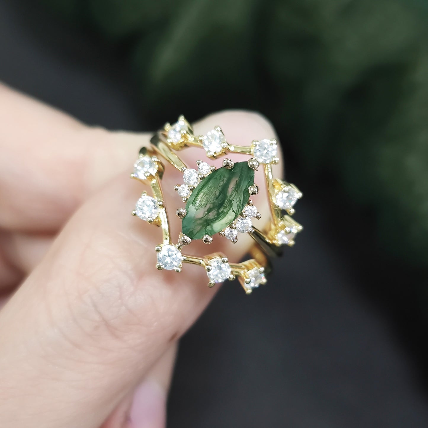 Marquise Cut Moss Agate Engagement Ring Set 3pcs