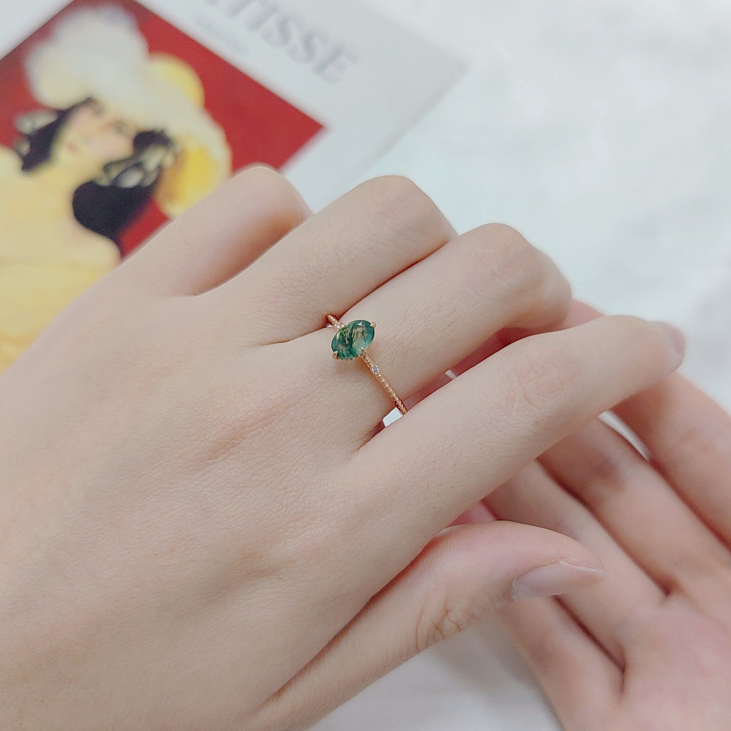 Oval Shaped Moss Agate Vintage Solitaire Ring