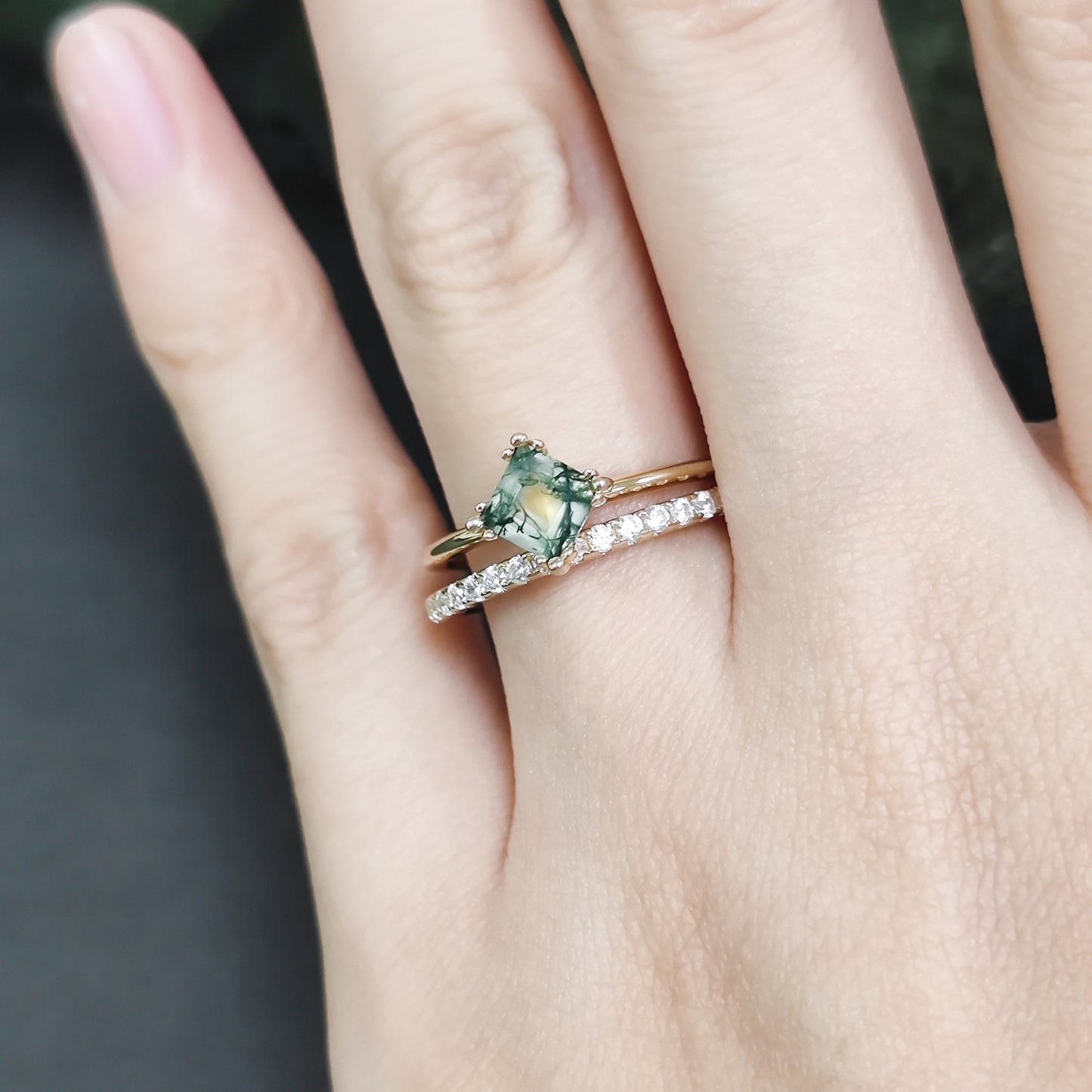 Princess Cut Moss Agate Engagegement Ring Set 2pcs