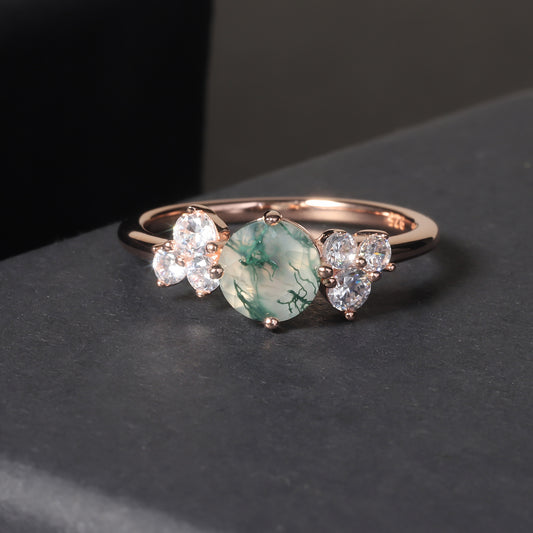Round Unique Cluster Moss Agate Engagement Ring