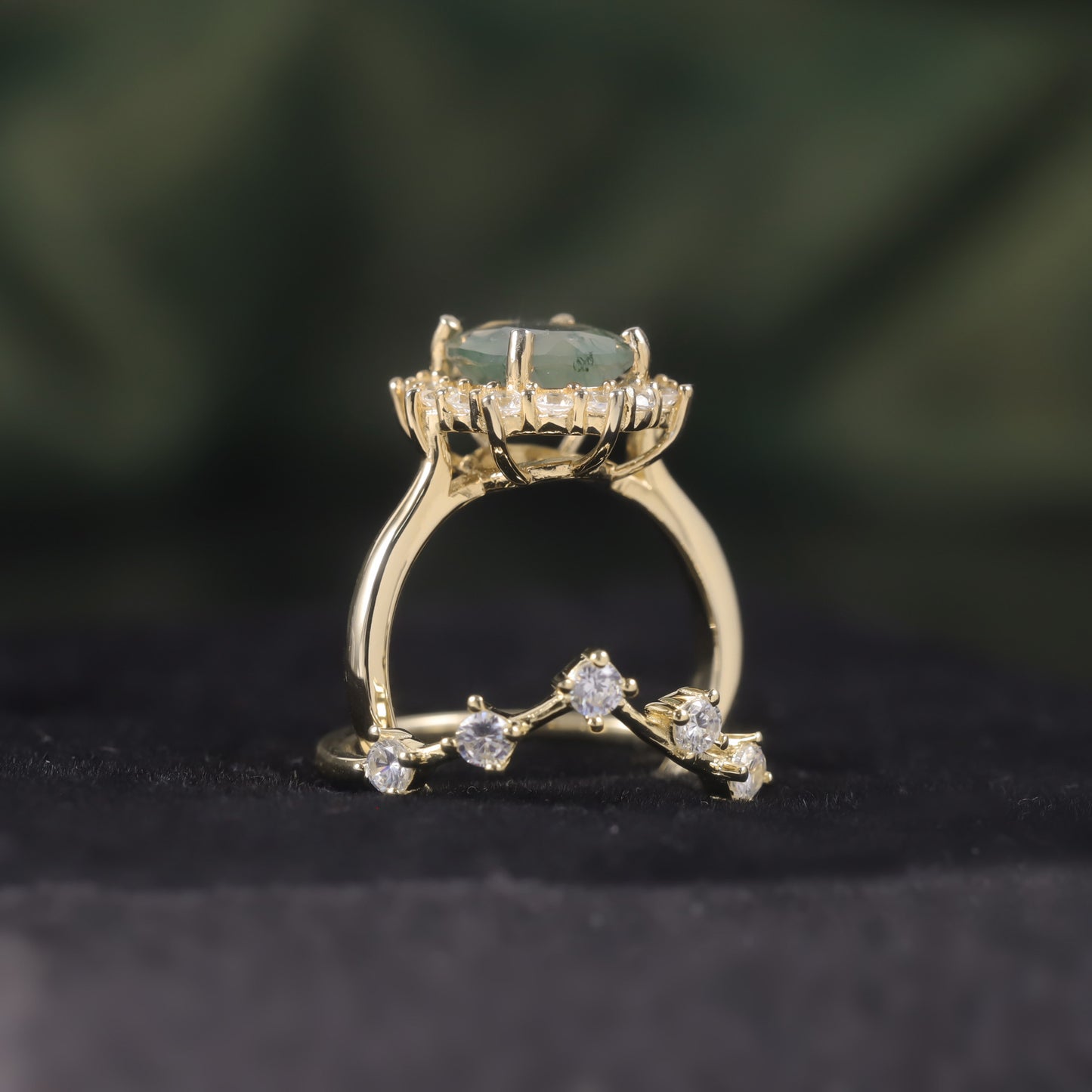 Halo Oval Cut Moss Agate Vintage Engagement Ring Set 2pcs