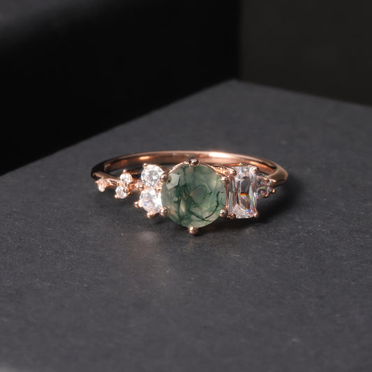 Unique Round Moss Agate Engagement Ring