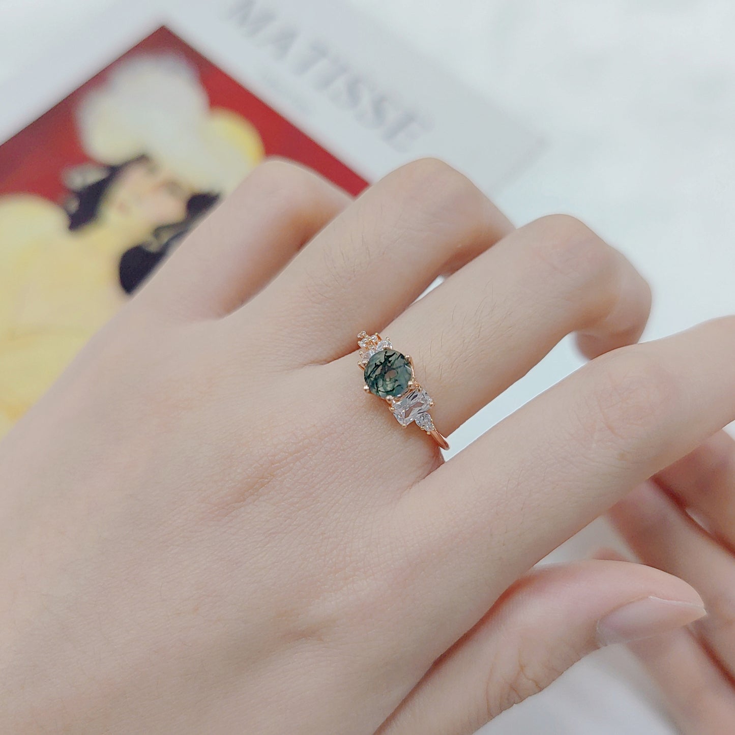 Unique Round Moss Agate Engagement Ring